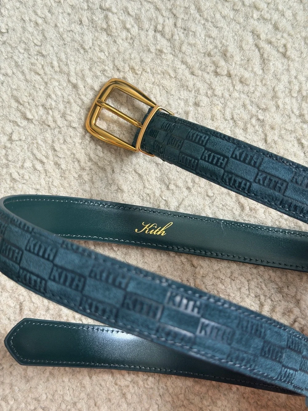 New Kith Monogram Suede Leather Belt - Teal Green with Gold Buckle